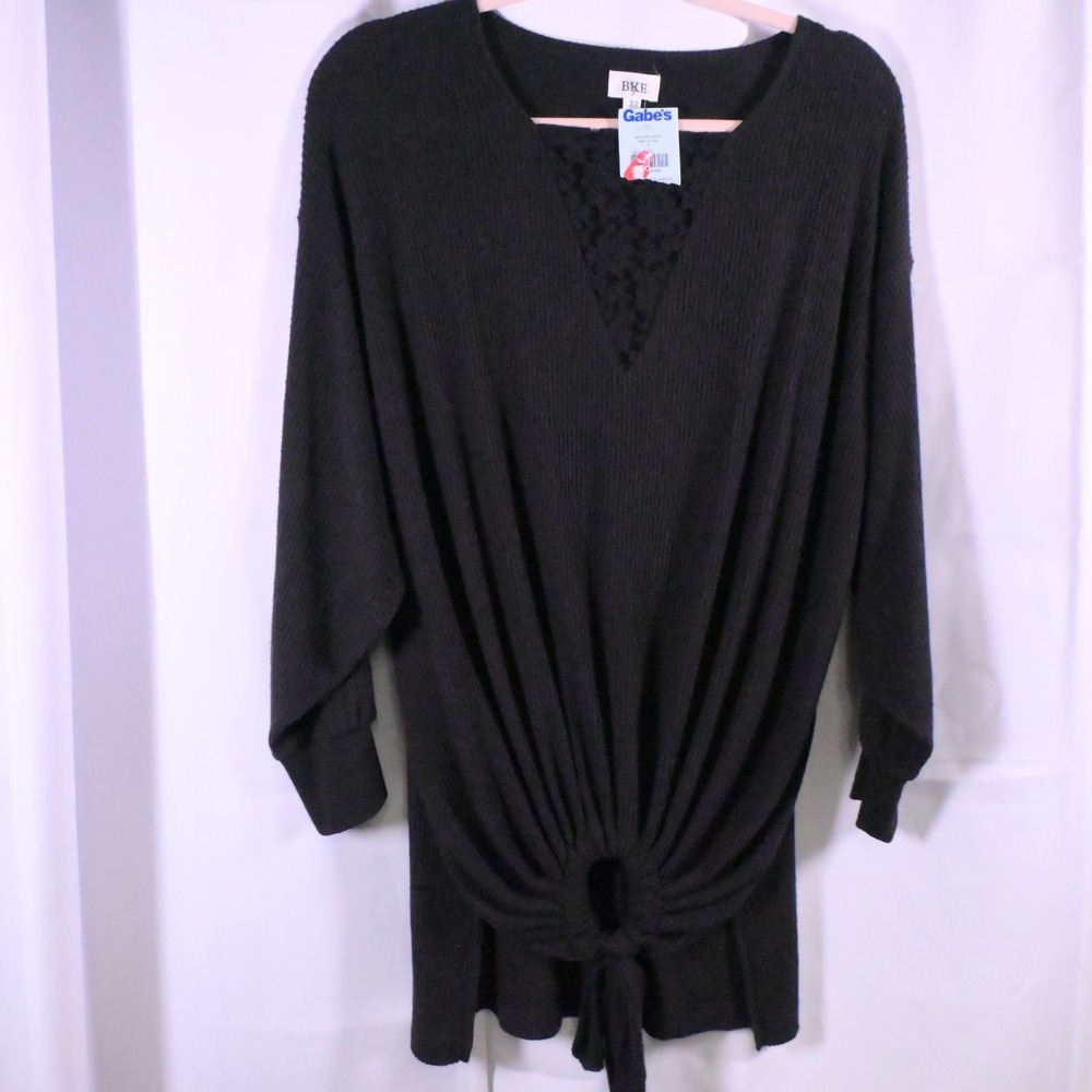 NWT BKE Women's XS Black Ribbed‎ V-Neck Tie Back Sweater